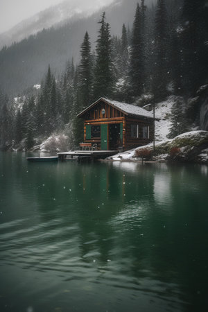 Mountain lake and wooden house in the forest during a snowfallの素材