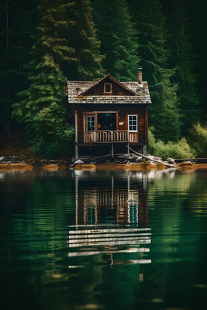 Old wooden house on the shore of a lake in the forest.の素材