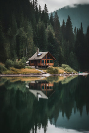 Mountain lake with wooden house on the shore. Retro style.の素材