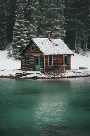 Wooden house on a lake in the mountains. Winter landscape.の素材