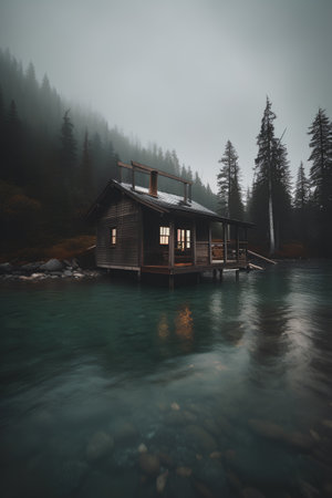 Wooden house on a mountain lake in a foggy day.の素材