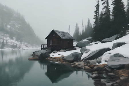 Mountain lake with old wooden house in the foggy forest.の素材
