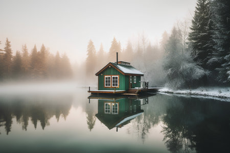 Foggy morning on the lake. Wooden house on the shore. Beautiful winter landscape.の素材