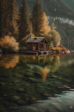 Wooden house on the lake in the autumn forest. Beautiful landscape.の素材