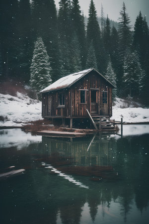 Wooden house on the shore of a frozen lake in winter.の素材