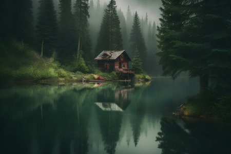Old wooden house on the shore of a mountain lake in the forest.の素材