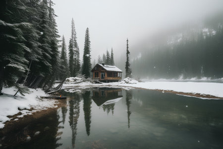 Beautiful winter landscape with wooden house on the bank of the mountain lake.の素材
