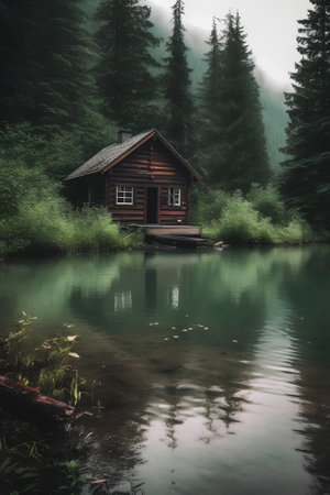 Wooden house on the shore of a mountain lake in the forestの素材