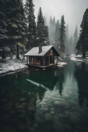 Wooden house on the shore of a mountain lake in winter.の素材