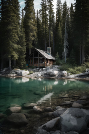 Small wooden house in the middle of a mountain lake. The concept of ecological tourismの素材