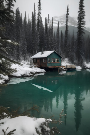 Wooden house in the middle of a frozen lake in Banff National Park, Canadaの素材
