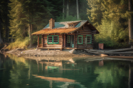 Wooden cottage on the shore of the lake in the forest.の素材