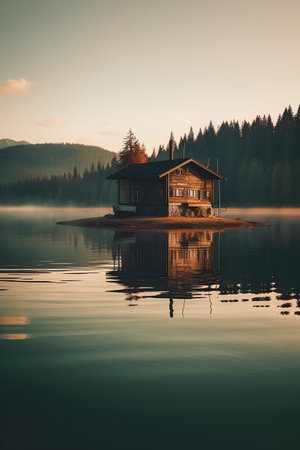 Wooden house on the lake at sunrise. Dramatic landscape.の素材