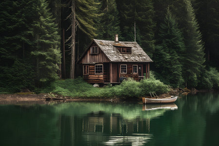 Old wooden house on the shore of the lake in the forest.の素材