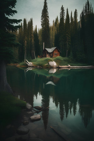 Wooden house on the lake in the forest. Vintage style.の素材