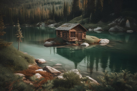 Mountain lake with a wooden house in the mountains. Vintage style.の素材