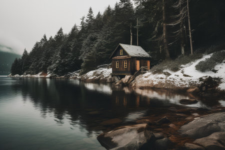 Wooden house on the shore of Lake Tahoe in winter.の素材