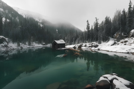 Mountain lake with old wooden house in a foggy day.の素材