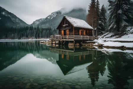 Beautiful winter landscape with wooden house on the shore of lake.の素材