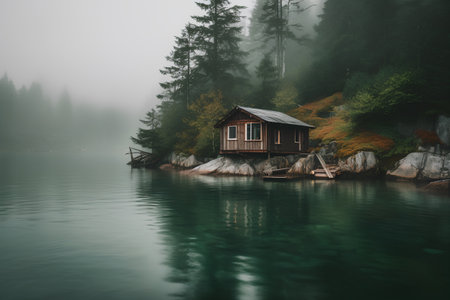 Wooden cottage on the shore of a mountain lake in the fog.の素材