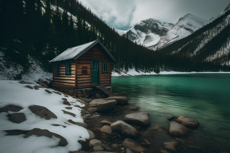 Wooden house on the shore of turquoise mountain lake in winter.の素材