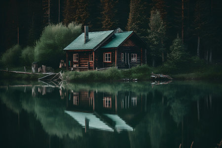 Wooden house on the shore of the lake in the forest.の素材