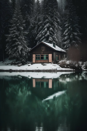 Wooden house with reflection in a lake in the winter forest.の素材