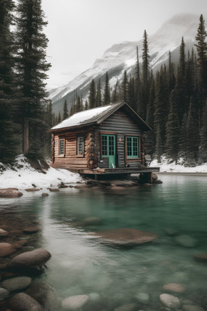 Mountain cabin in the middle of a mountain lake in winter.の素材