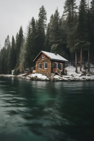Mountain cabin on a lake in the mountains in winter time.の素材