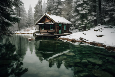 Beautiful wooden house on the shore of a mountain lake in winterの素材