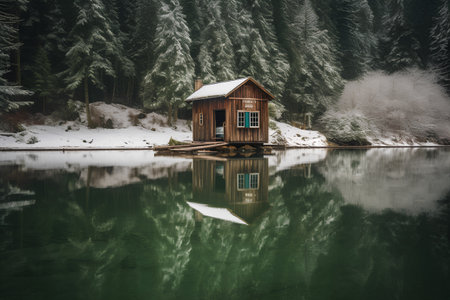 Wooden house on the lake in winter, Bled, Sloveniaの素材