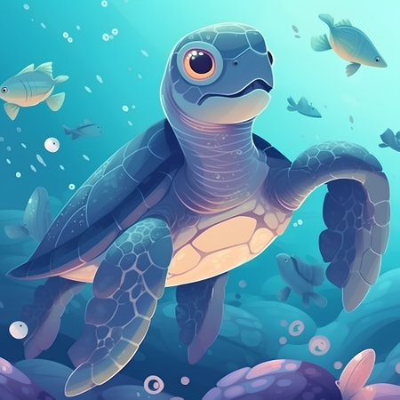 Illustration of a cute sea turtle swimming in the ocean on a blue backgroundの素材