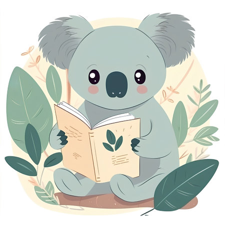 Cute koala reading a book in the jungle. Vector illustration.の素材