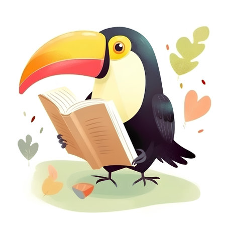 Illustration of a cute toucan reading a book on a white backgroundの素材