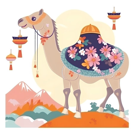 Camel with sombrero and chinese lanterns, vector illustrationの素材