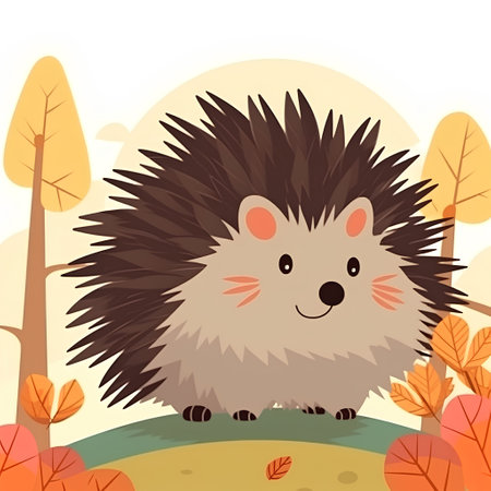 Cute hedgehog in the autumn forest. Vector cartoon illustration.の素材