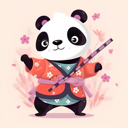 Panda in kimono with bamboo flute. Vector illustrationの素材
