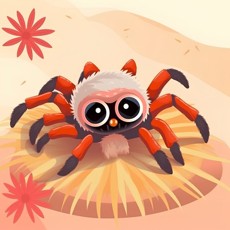 Illustration of a Cute Cartoon Tarantula on a Desert Backgroundの素材