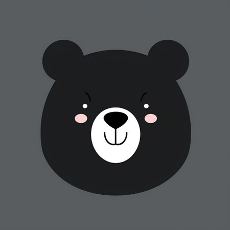 Cute black bear face. Vector illustration in flat style on grey background.の素材
