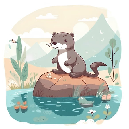 Cute otter sitting on a rock in the river. Vector illustrationの素材