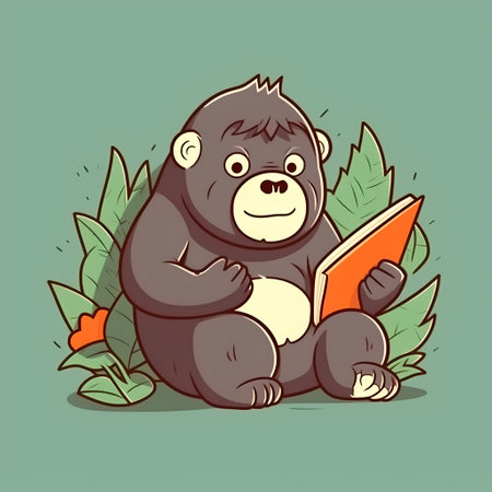 Vector illustration of a cute gorilla reading a book on a green backgroundの素材
