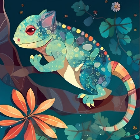 Colorful chameleon on a tree branch. Vector illustration.の素材