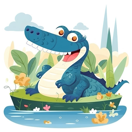 Cute crocodile cartoon in the pond with flowers. Vector illustration.の素材