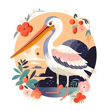 Pelican vector illustration. Cute stork on the background of nature.の素材