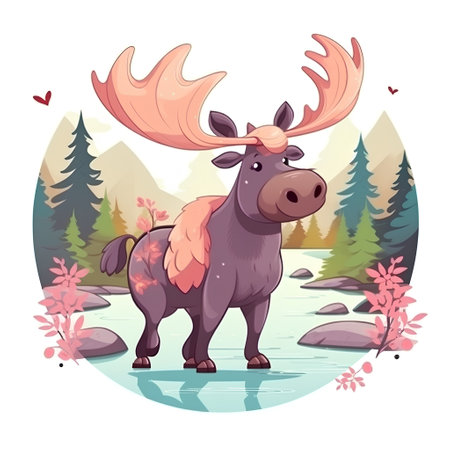Cute cartoon moose in the forest. Vector illustration for your designの素材