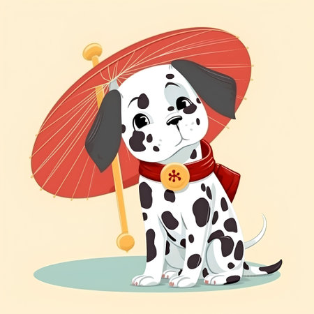 Dalmatian dog with umbrella and umbrella. Vector illustration.の素材