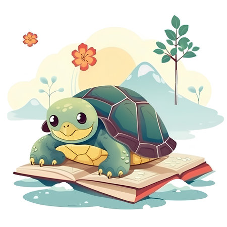Illustration of a Cute Turtle Reading a Book in the Parkの素材