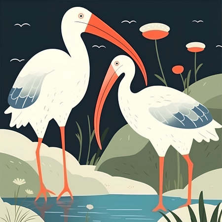 Pair of white storks in a pond. Vector illustration.の素材