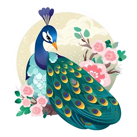 Peacock with flowers and moon in background. Vector illustration.の素材