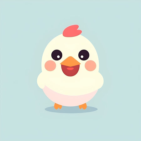 Cute cartoon chicken. Vector illustration in flat style. Isolated on a blue background.の素材